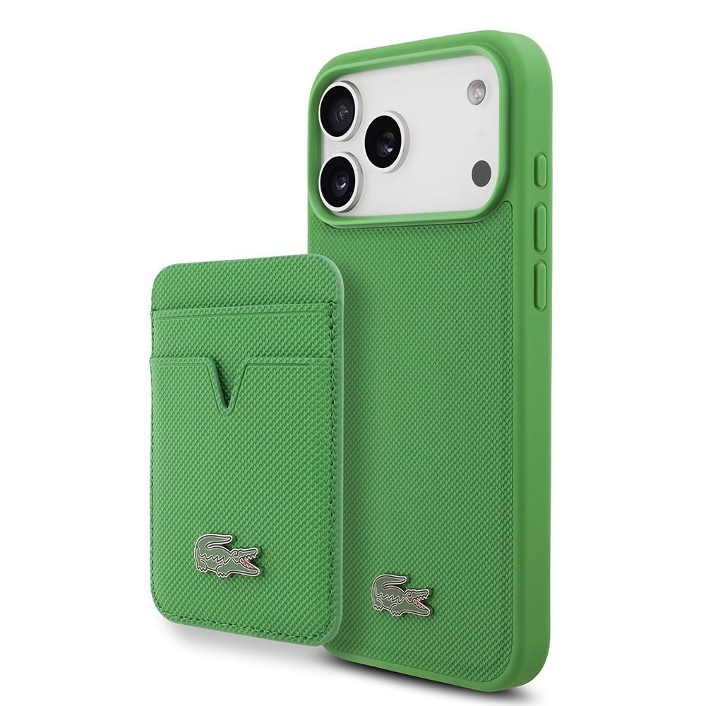 Lacoste iPhone 17 Pro Max Orjinal Lisanslı M-safe Şarj Özellikli PU Pike Desenli Metal Logolu Kartlıklı Kılıf
