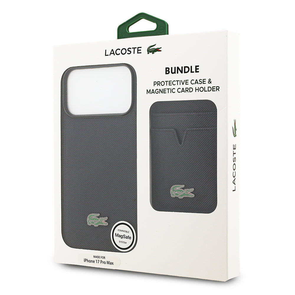 Lacoste iPhone 17 Pro Max Orjinal Lisanslı M-safe Şarj Özellikli PU Pike Desenli Metal Logolu Kartlıklı Kılıf