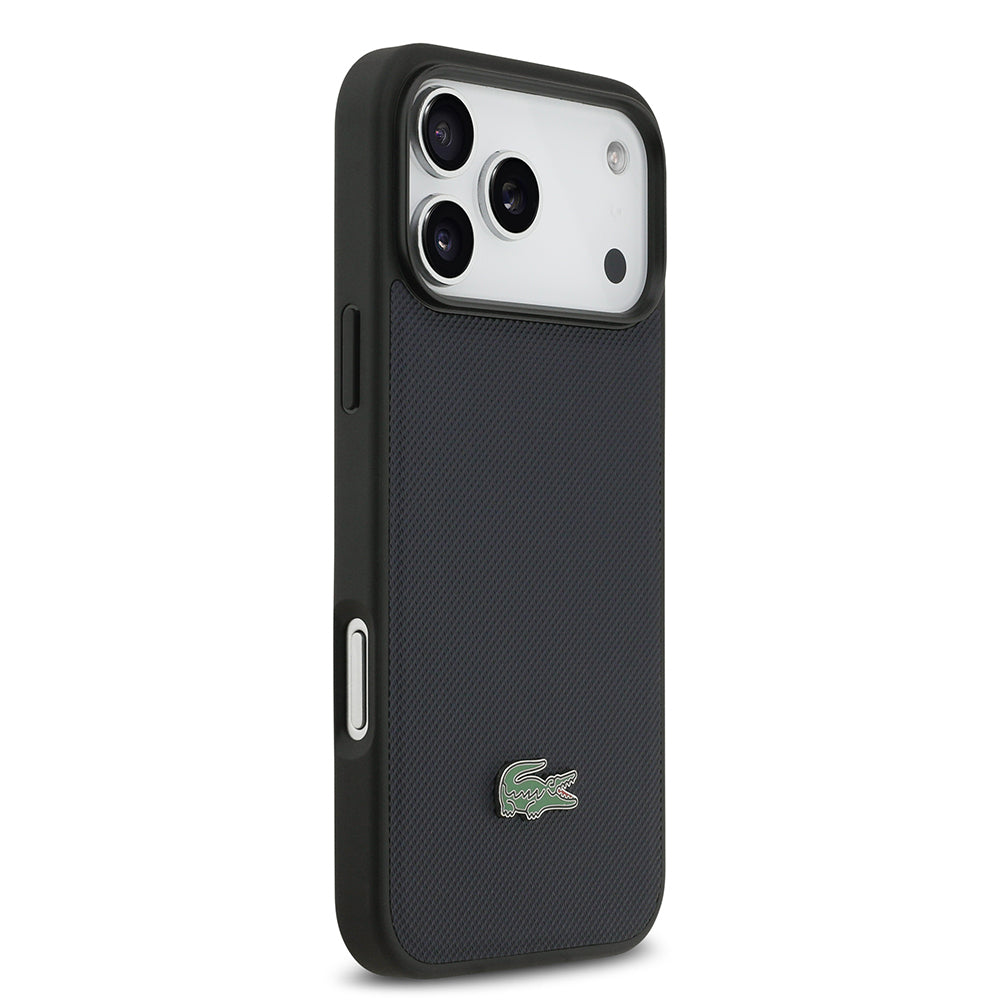 Lacoste iPhone 17 Pro Max Orjinal Lisanslı M-safe Şarj Özellikli PU Pike Desenli Metal Logolu Kartlıklı Kılıf
