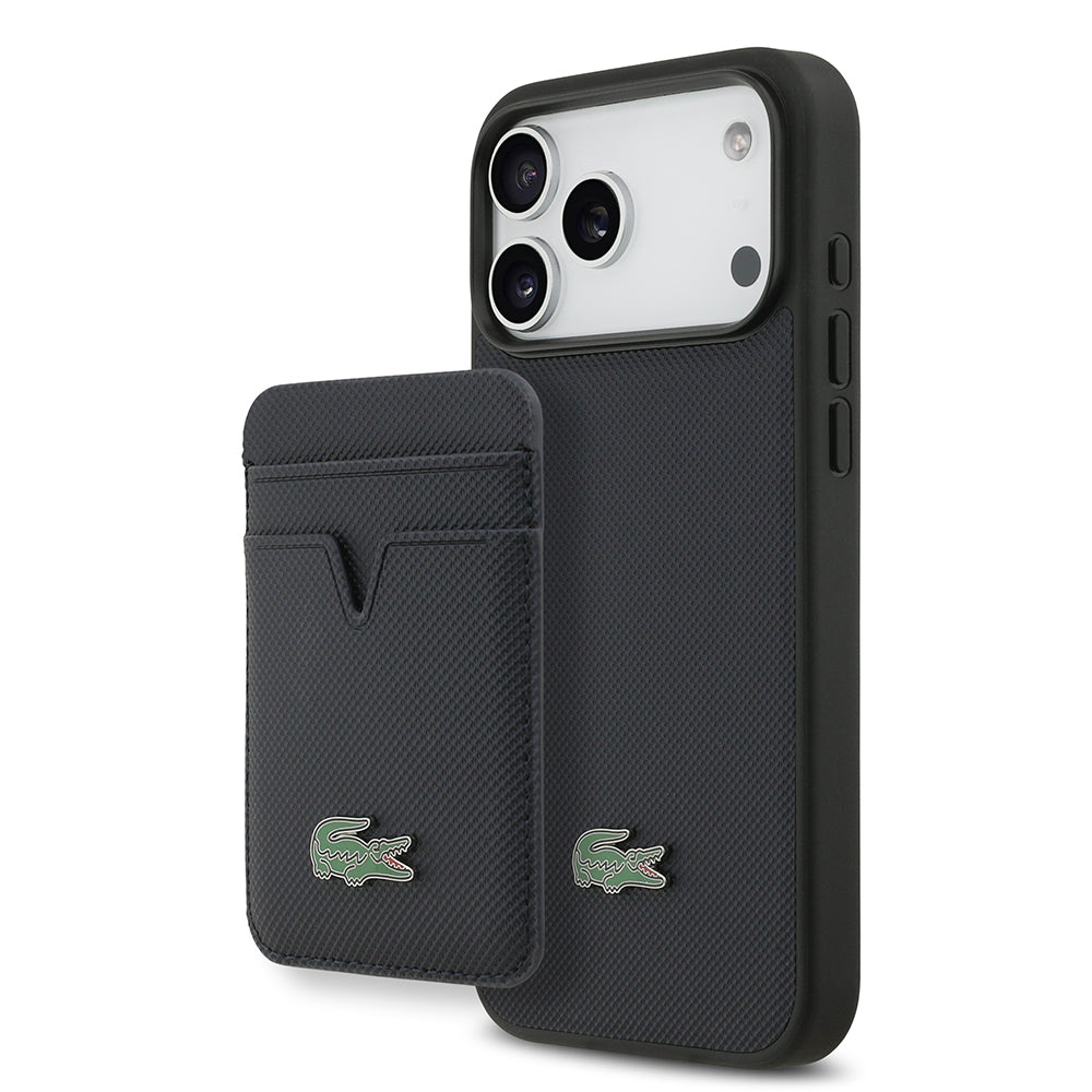 Lacoste iPhone 17 Pro Max Orjinal Lisanslı M-safe Şarj Özellikli PU Pike Desenli Metal Logolu Kartlıklı Kılıf