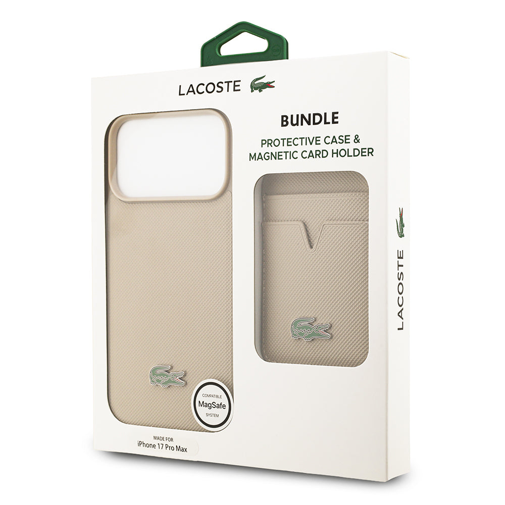 Lacoste iPhone 17 Pro Max Orjinal Lisanslı M-safe Şarj Özellikli PU Pike Desenli Metal Logolu Kartlıklı Kılıf