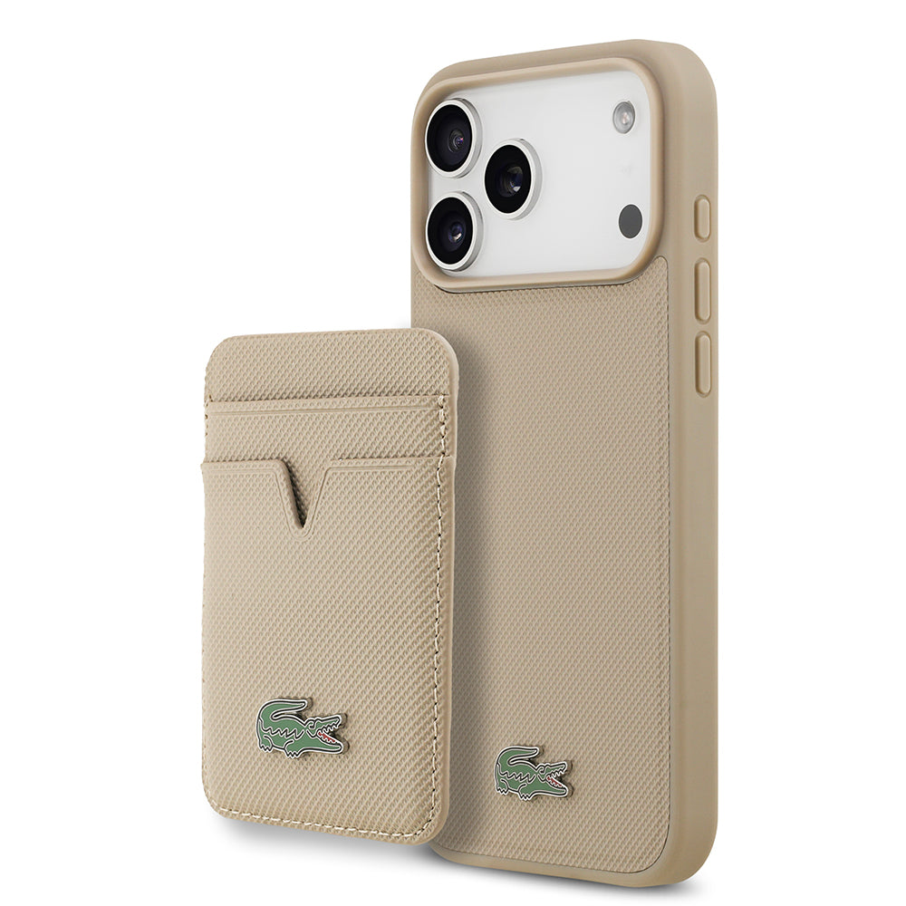 Lacoste iPhone 17 Pro Max Orjinal Lisanslı M-safe Şarj Özellikli PU Pike Desenli Metal Logolu Kartlıklı Kılıf