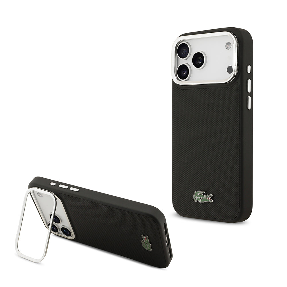 iPhone 17 Pro Max Kılıf Lacoste Orjinal Lisanslı M-safe Şarj Özellikli PU Pike Desenli Standlı Metal Logolu Kılıf