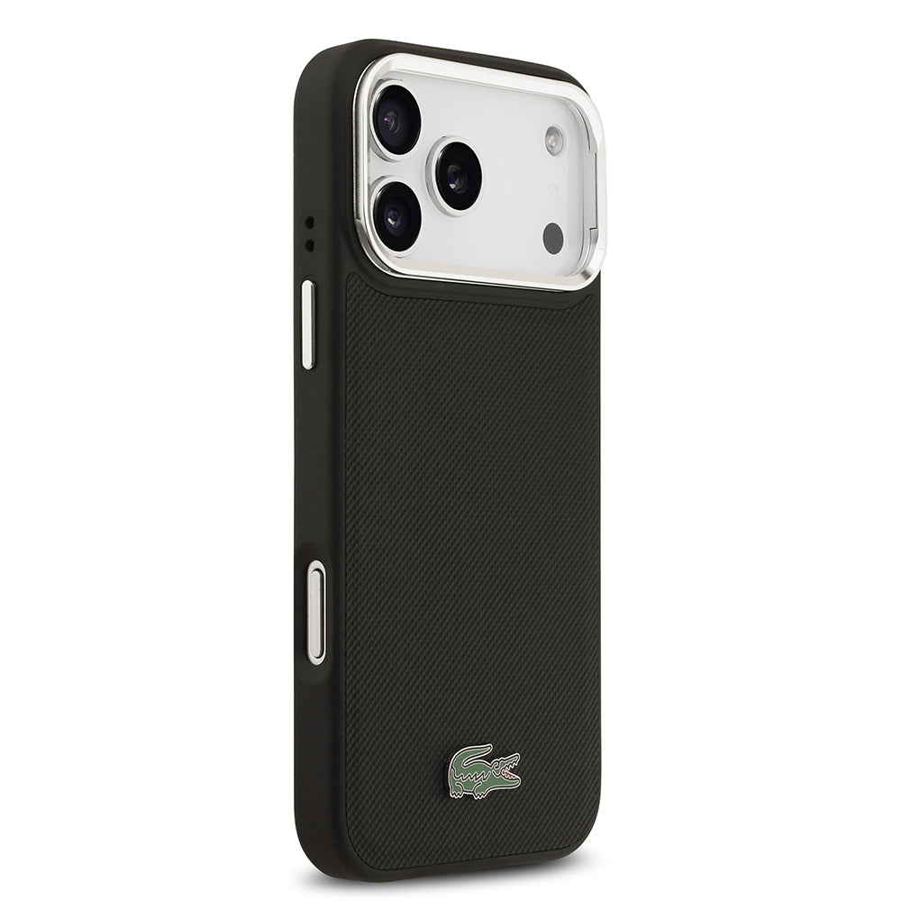 iPhone 17 Pro Max Kılıf Lacoste Orjinal Lisanslı M-safe Şarj Özellikli PU Pike Desenli Standlı Metal Logolu Kılıf