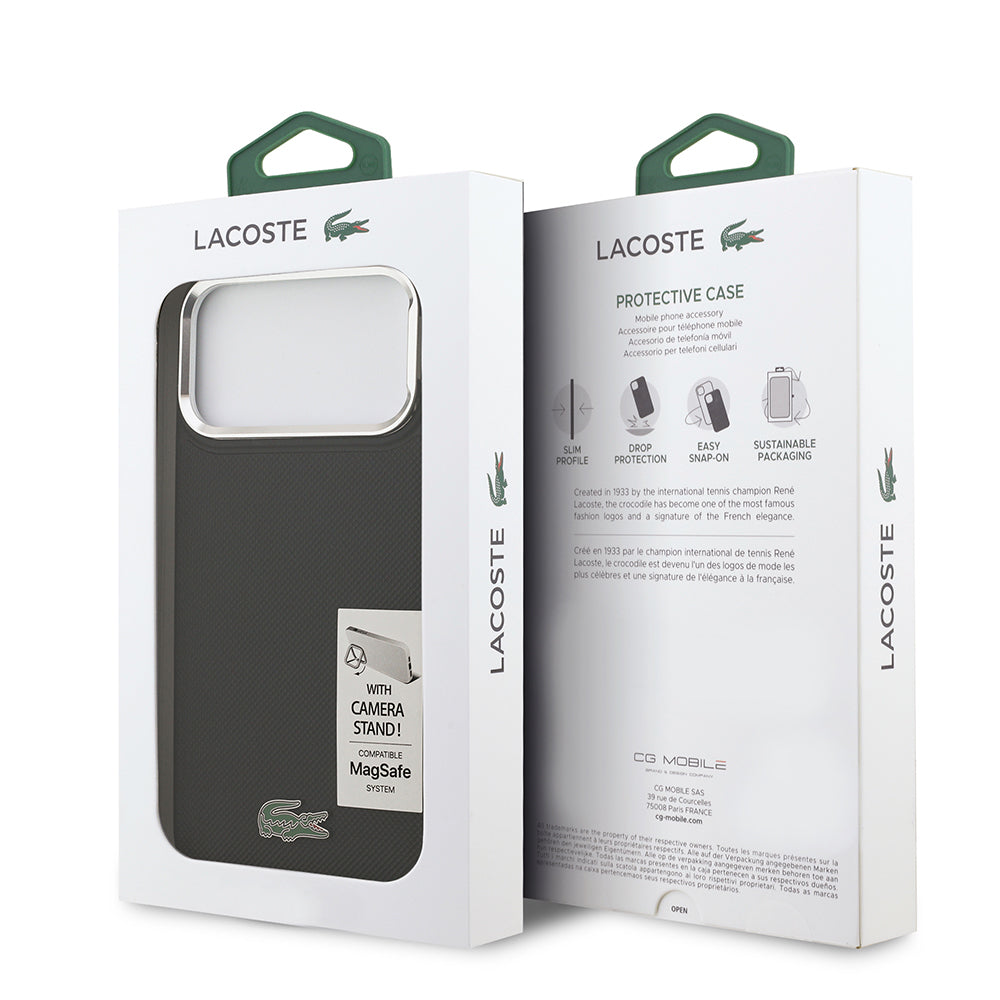 iPhone 17 Pro Max Kılıf Lacoste Orjinal Lisanslı M-safe Şarj Özellikli PU Pike Desenli Standlı Metal Logolu Kılıf