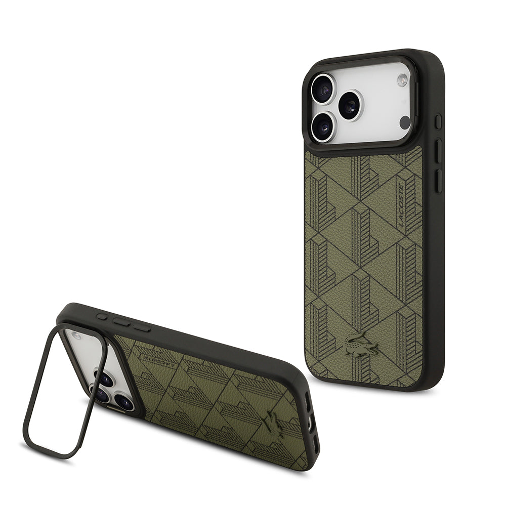 Lacoste iPhone 17 Pro Max Orjinal Lisanslı M-safe Şarj Özellikli Standlı PU Deri Karışık Monogram Desenli Kılıf