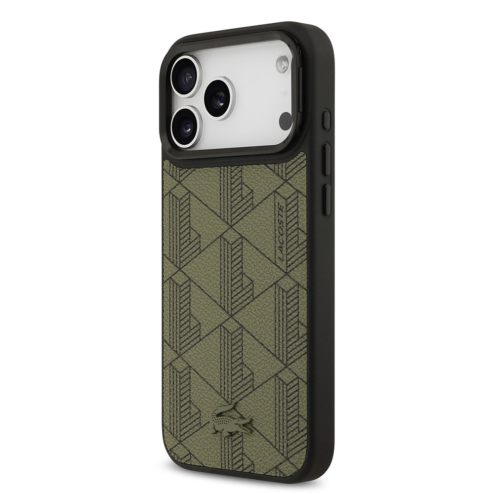 Lacoste iPhone 17 Pro Max Orjinal Lisanslı M-safe Şarj Özellikli Standlı PU Deri Karışık Monogram Desenli Kılıf