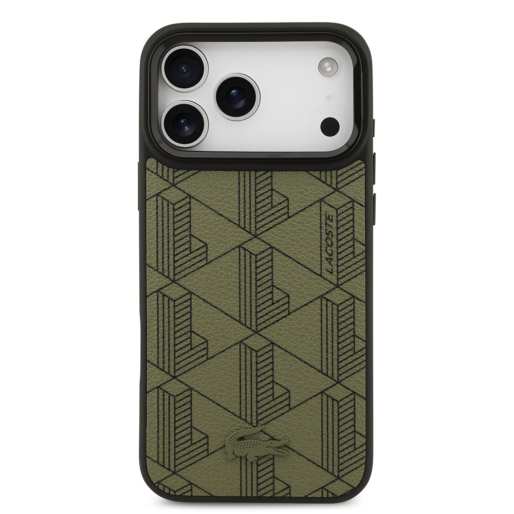 Lacoste iPhone 17 Pro Max Orjinal Lisanslı M-safe Şarj Özellikli Standlı PU Deri Karışık Monogram Desenli Kılıf