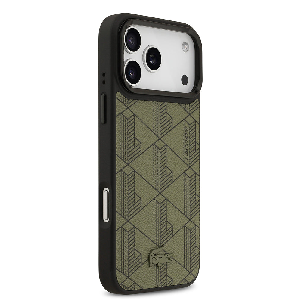 Lacoste iPhone 17 Pro Max Orjinal Lisanslı M-safe Şarj Özellikli Standlı PU Deri Karışık Monogram Desenli Kılıf