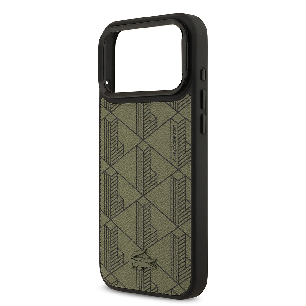 Lacoste iPhone 17 Pro Max Orjinal Lisanslı M-safe Şarj Özellikli Standlı PU Deri Karışık Monogram Desenli Kılıf