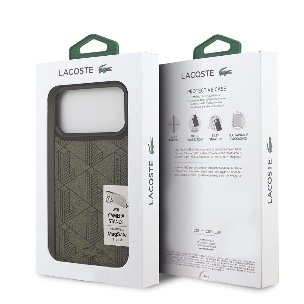 Lacoste iPhone 17 Pro Max Orjinal Lisanslı M-safe Şarj Özellikli Standlı PU Deri Karışık Monogram Desenli Kılıf