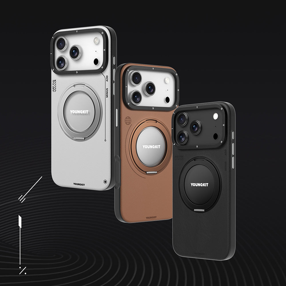 Youngkit Tech Leather Serisi iPhone 17 Pro Max M-safe Şarj Özellikli 360 Derece Standlı Basit Mat Deri Desenli Kılıf