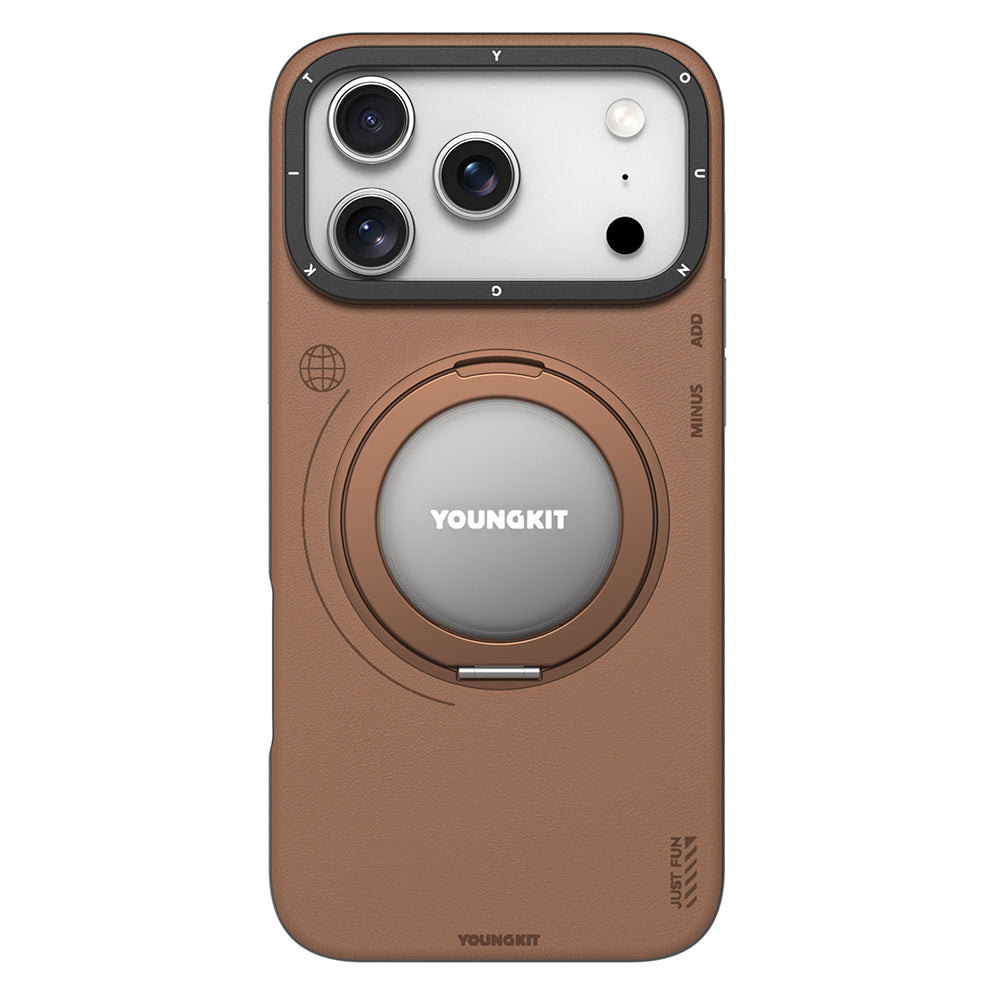 Youngkit Tech Leather Serisi iPhone 17 Pro Max M-safe Şarj Özellikli 360 Derece Standlı Basit Mat Deri Desenli Kılıf