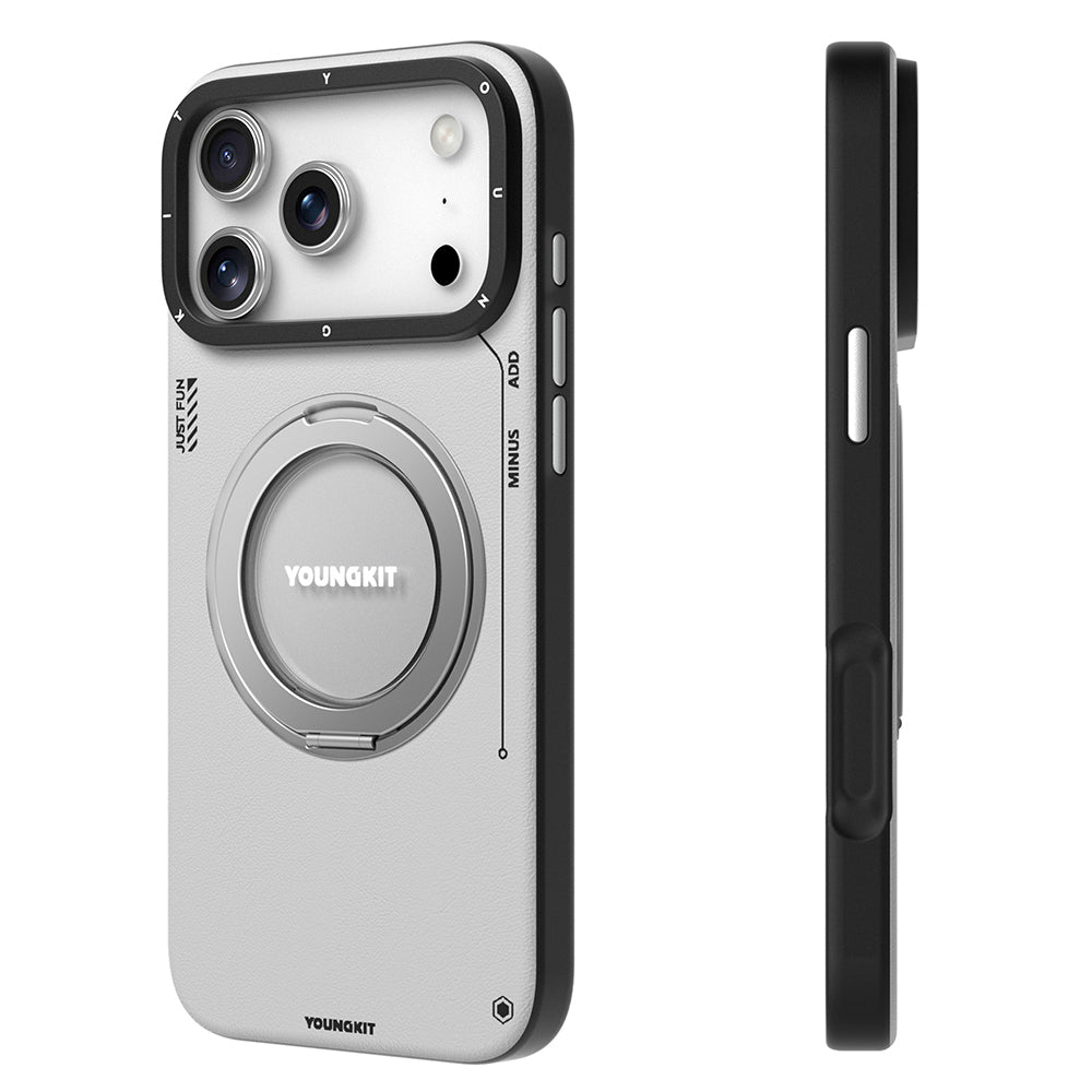 Youngkit Tech Leather Serisi iPhone 17 Pro Max M-safe Şarj Özellikli 360 Derece Standlı Basit Mat Deri Desenli Kılıf