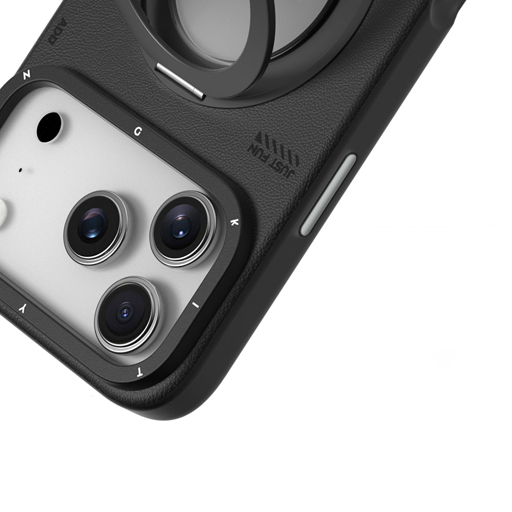 Youngkit Tech Leather Serisi iPhone 17 Pro Max M-safe Şarj Özellikli 360 Derece Standlı Basit Mat Deri Desenli Kılıf