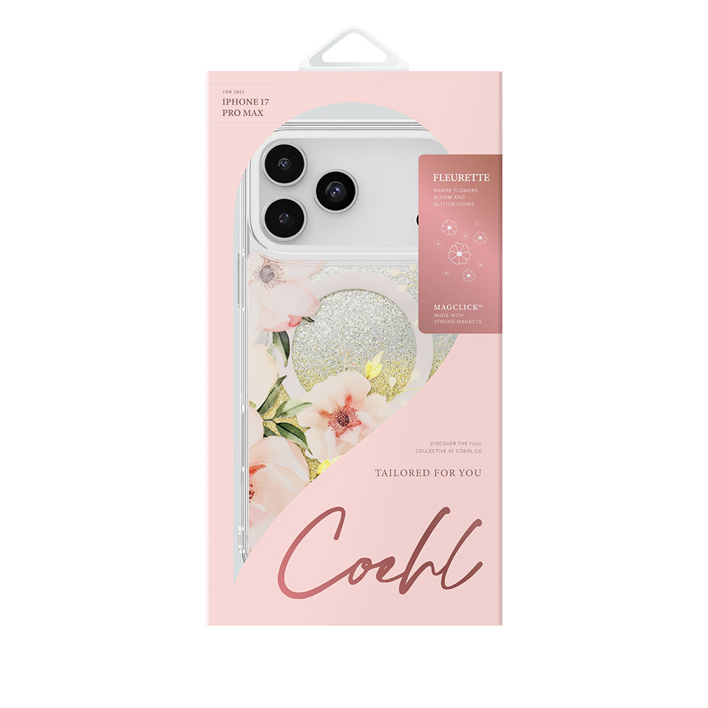Coehl Fleurette iPhone 17 Pro Max M-safe Şarj Özellikli Çiçek Desenli Simli Arka Yüzey Telefon Kılıfı