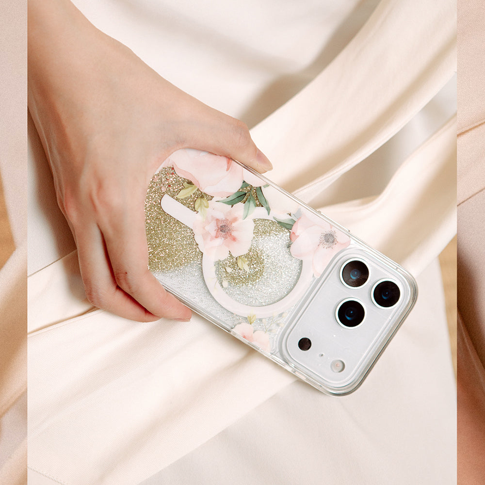 Coehl Fleurette iPhone 17 Pro Max M-safe Şarj Özellikli Çiçek Desenli Simli Arka Yüzey Telefon Kılıfı