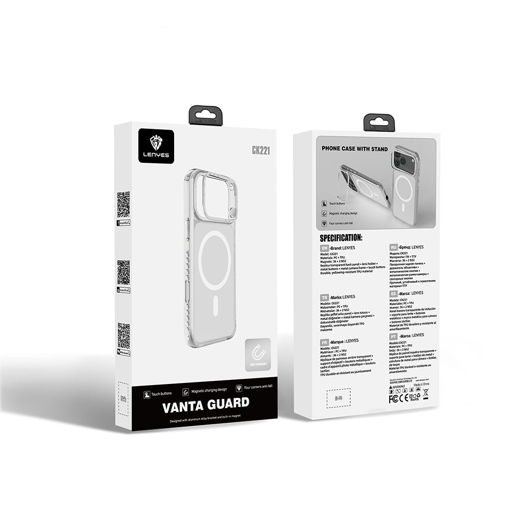 Lenyes CK221 iPhone 17 Pro Max M-safe Şarj Özellikli Metal Kamera Çerçeveli Airbag Tasarımlı Sert PC Kılıf