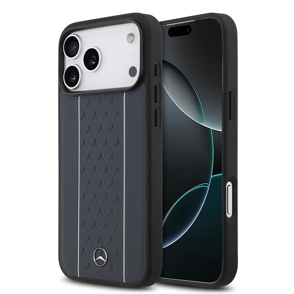 Mercedes Benz iPhone 17 Pro Max Orjinal Lisanslı M-safe Şarj Özellikli Şeritli Yıldız Desenli Metal Logolu Deri Kılıf