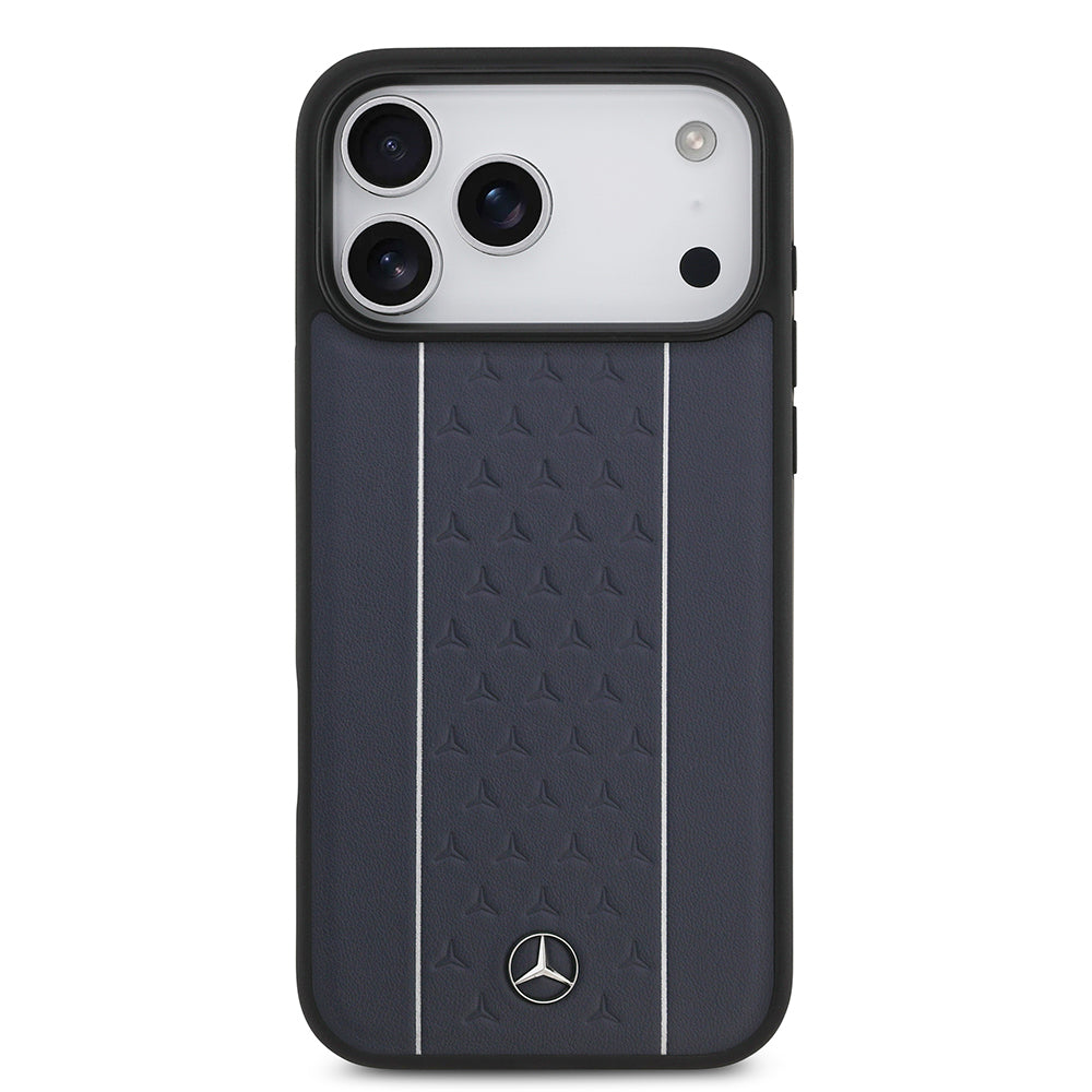 Mercedes Benz iPhone 17 Pro Max Orjinal Lisanslı M-safe Şarj Özellikli Şeritli Yıldız Desenli Metal Logolu Deri Kılıf