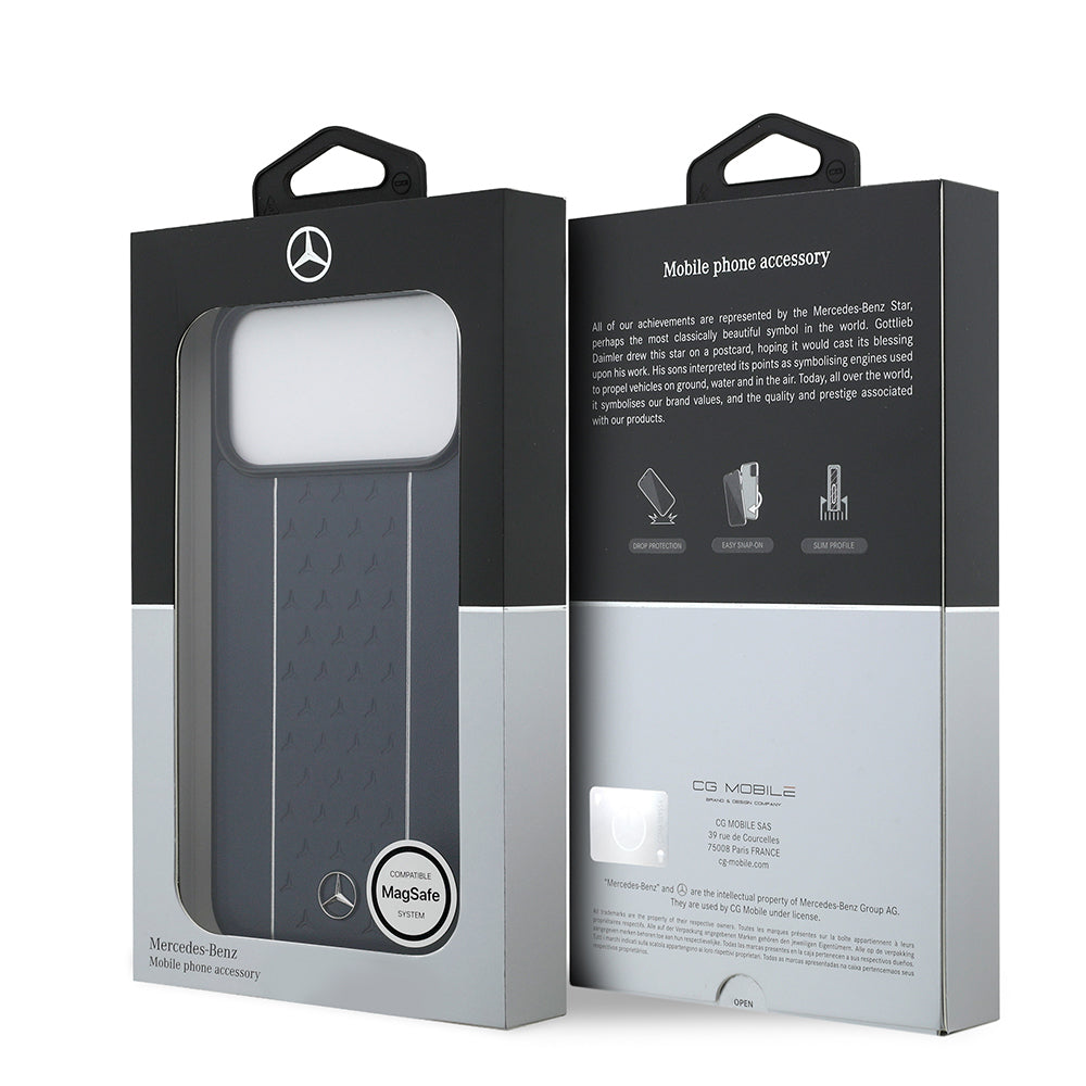 Mercedes Benz iPhone 17 Pro Max Orjinal Lisanslı M-safe Şarj Özellikli Şeritli Yıldız Desenli Metal Logolu Deri Kılıf