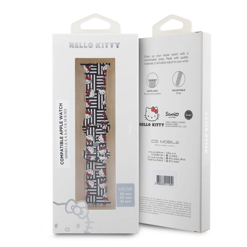 Hello Kitty Apple Watch 38/40/41mm Orjinal Lisanslı Çizgiler & Kitty Silikon Kordon