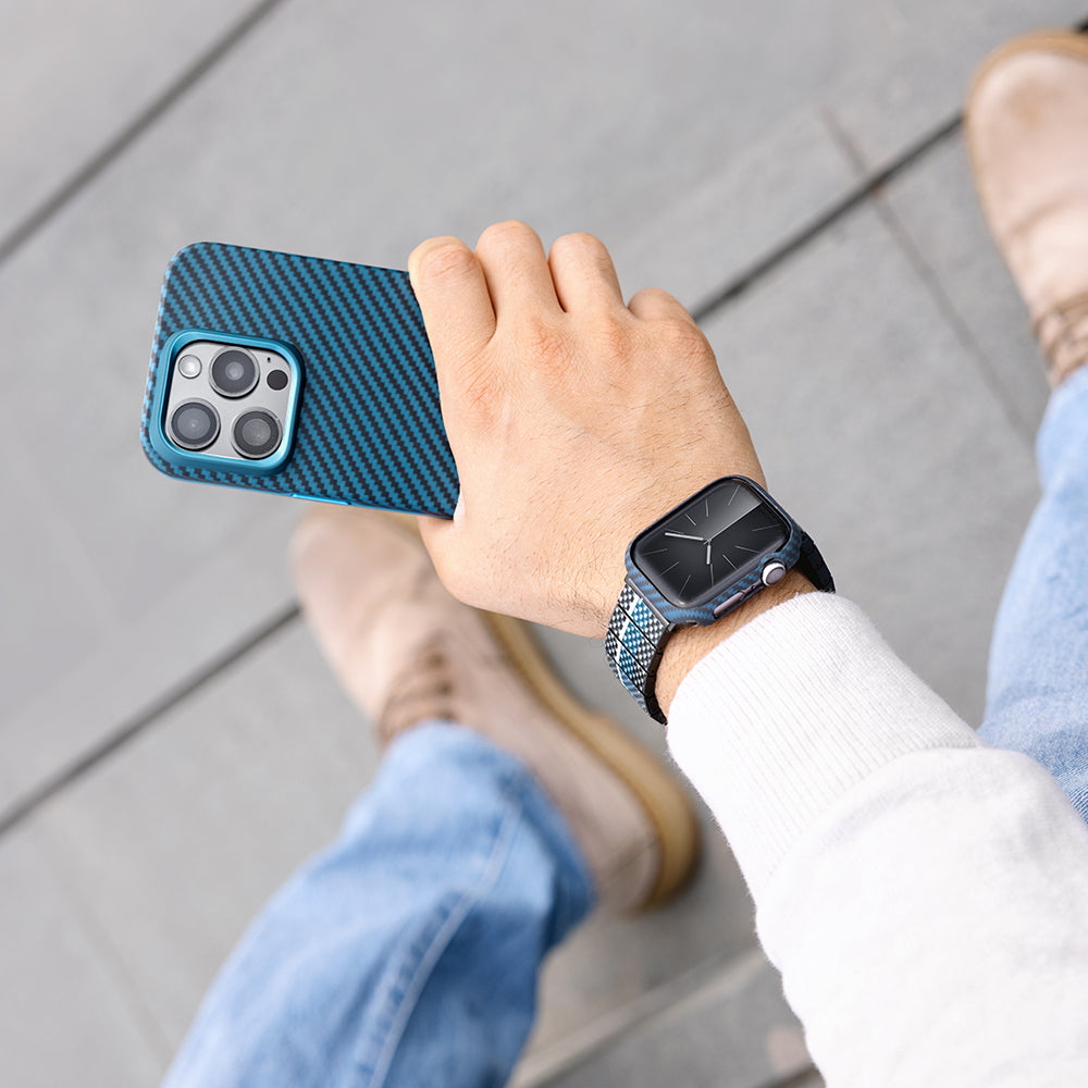 Pitaka Air Case Apple Watch 7 45mm 600D Aramid Fiber Classic Serisi Black-Blue Twill Kasa Koruyucu