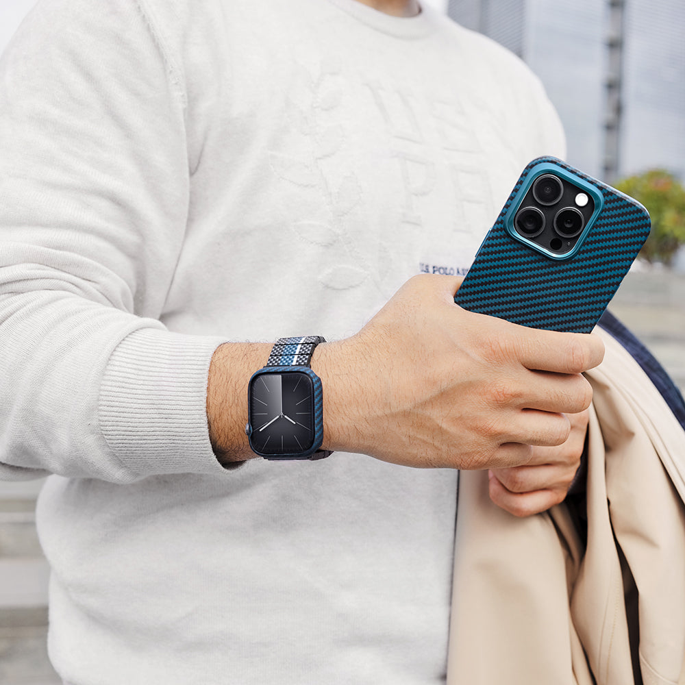 Pitaka Air Case Apple Watch 7 45mm 600D Aramid Fiber Classic Serisi Black-Blue Twill Kasa Koruyucu