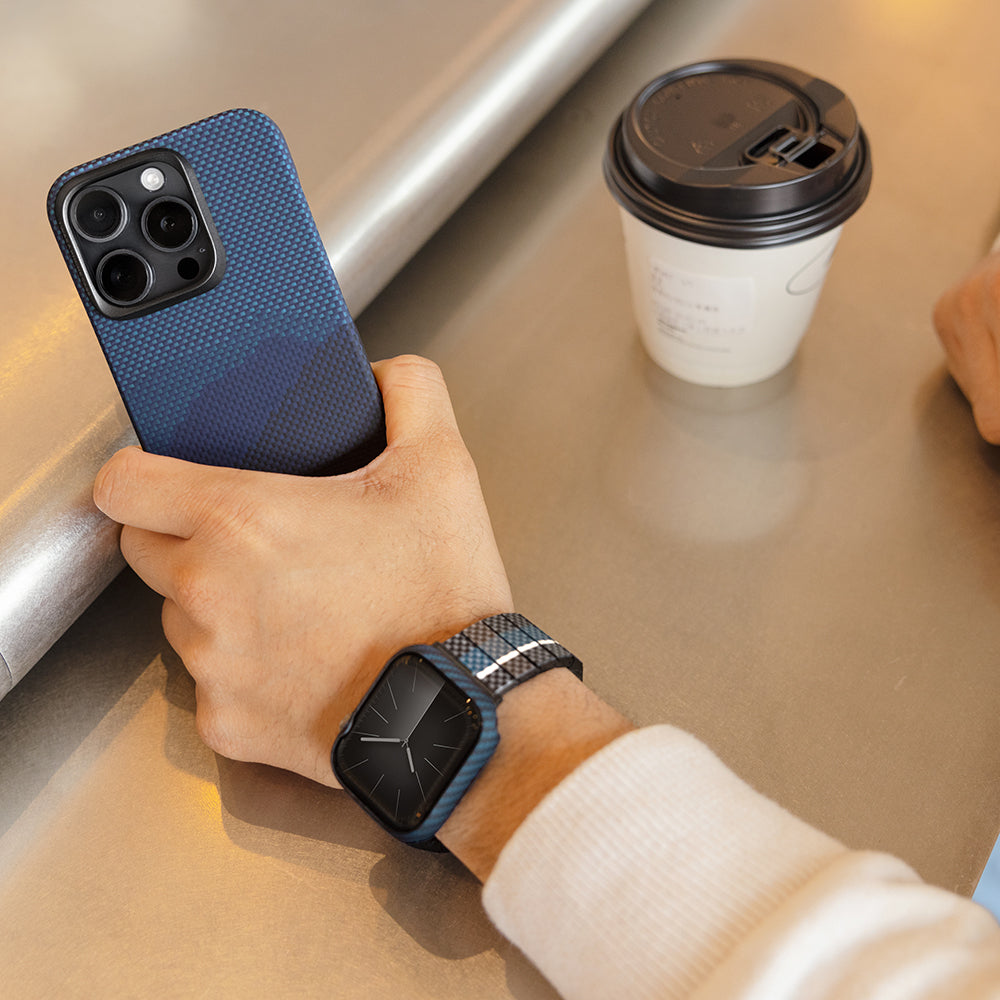Pitaka Air Case Apple Watch 7 45mm 600D Aramid Fiber Classic Serisi Black-Blue Twill Kasa Koruyucu
