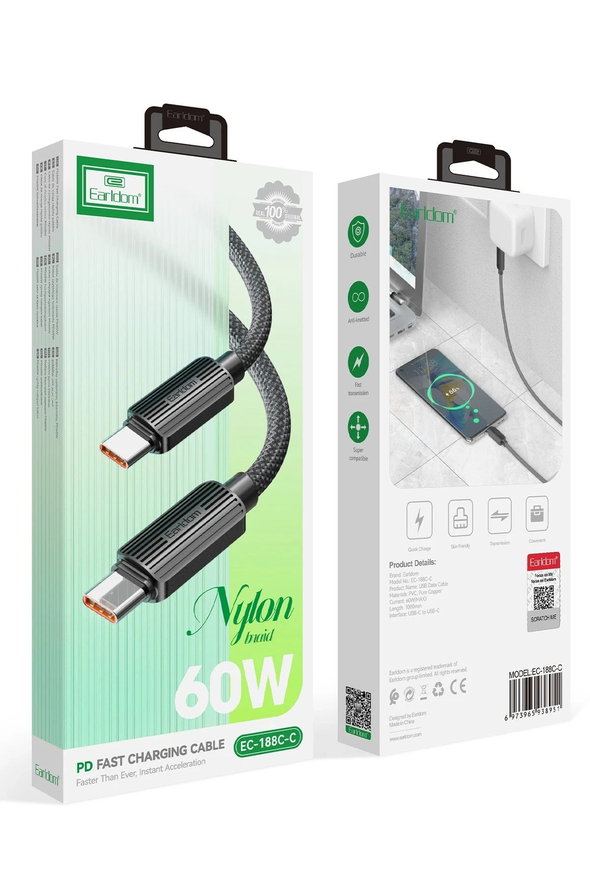 Earldom EC-188CC 1M 60W Hasırlı Type-C to Type-C PD Hızlı Şarj Kablosu