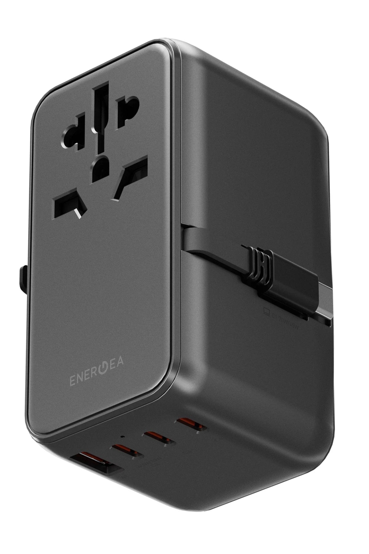 Energea TravelWorld Universal GaN85 3 Adet 70W Type-C 1 Adet 70W 80 CM Dahili Type-C Kablolu ve 1 Adet 60W USB 3.0 Çıkışlı PD Hızlı Şarj Aleti