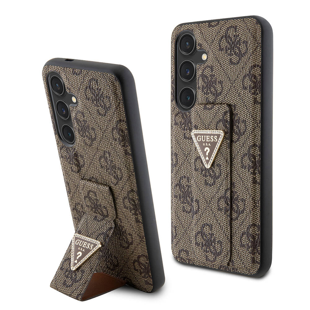 Guess Galaxy S24 Orjinal Lisanslı 4G Desenli Üçgen Logolu Standlı Deri Kılıf