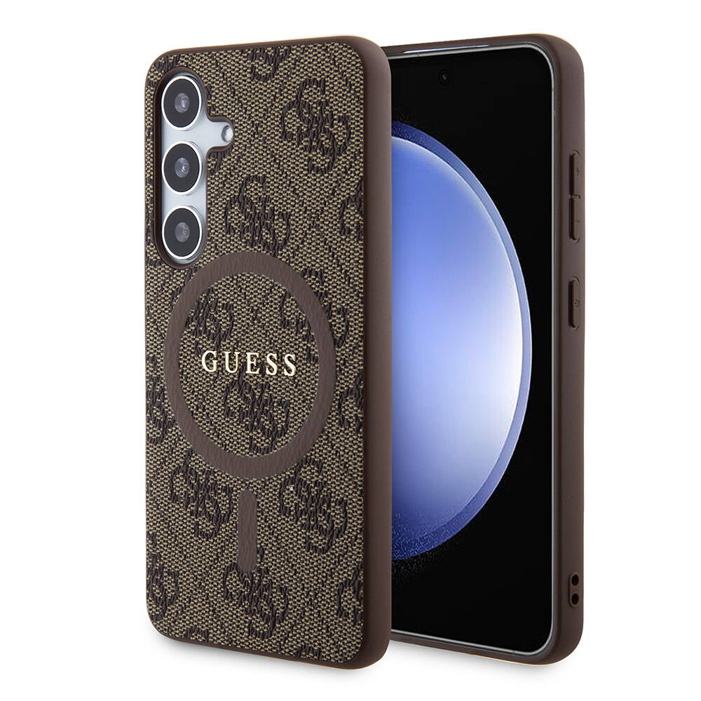 Guess Galaxy S24 Orjinal Lisanslı M-safe Şarj Özellikli PU Halkalı 4G Desenli Yazı Logolu Kılıf