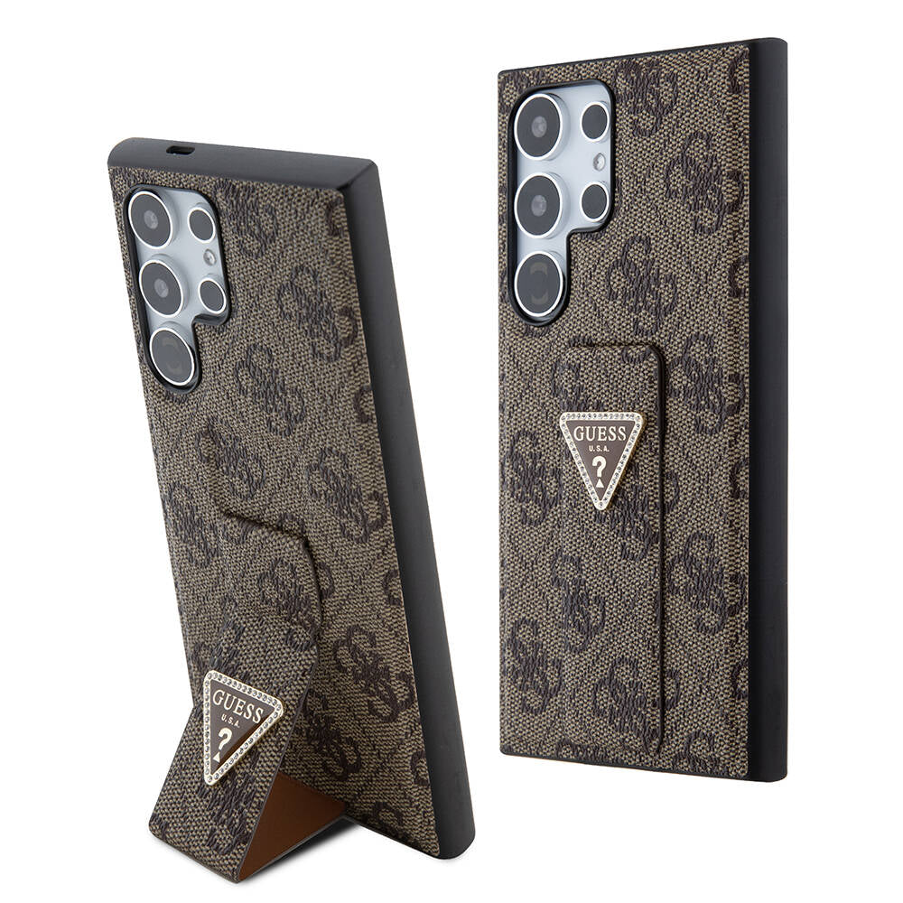 Guess Galaxy S24 Ultra Orjinal Lisanslı 4G Desenli Üçgen Logolu Standlı Deri Kılıf