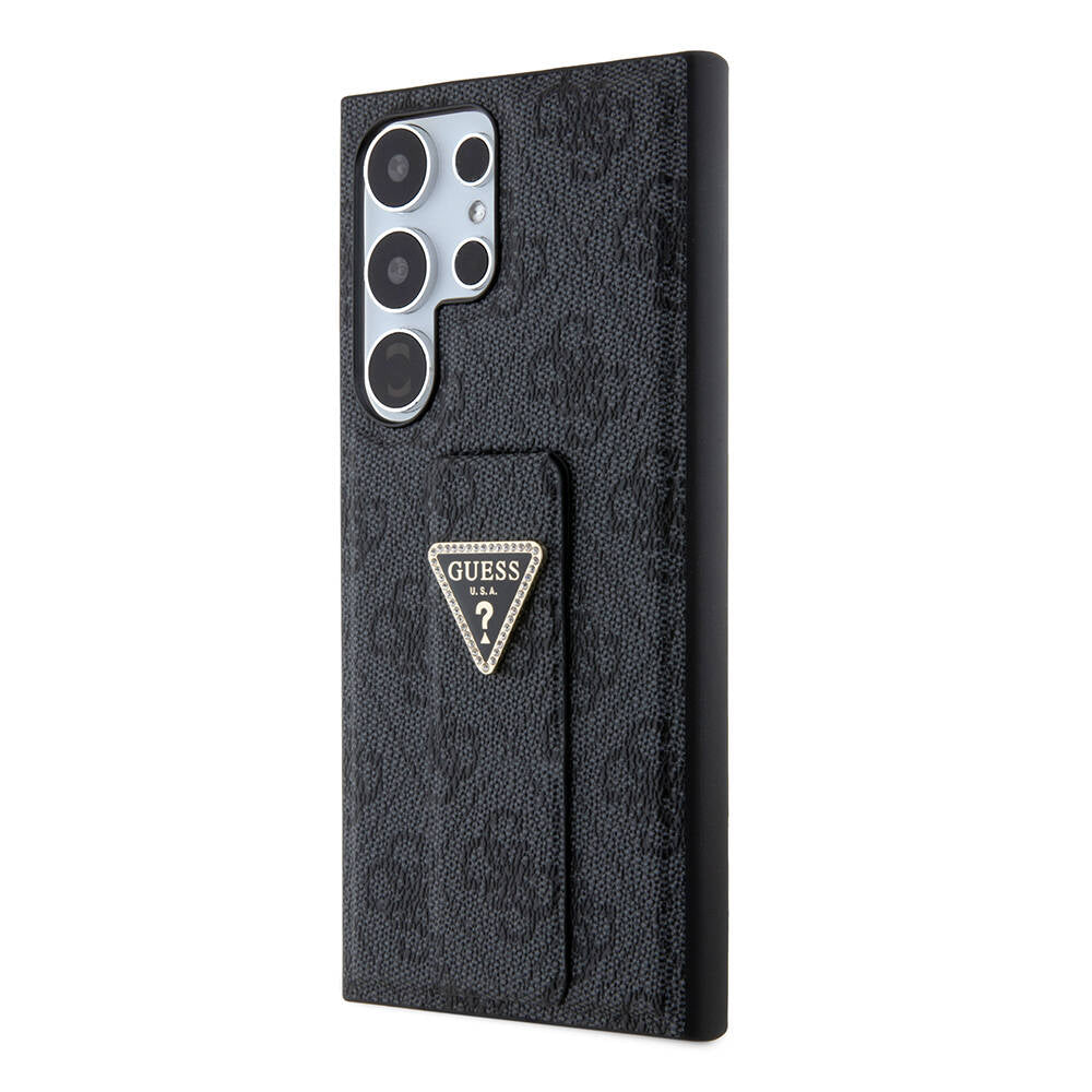 Guess Galaxy S24 Ultra Orjinal Lisanslı 4G Desenli Üçgen Logolu Standlı Deri Kılıf