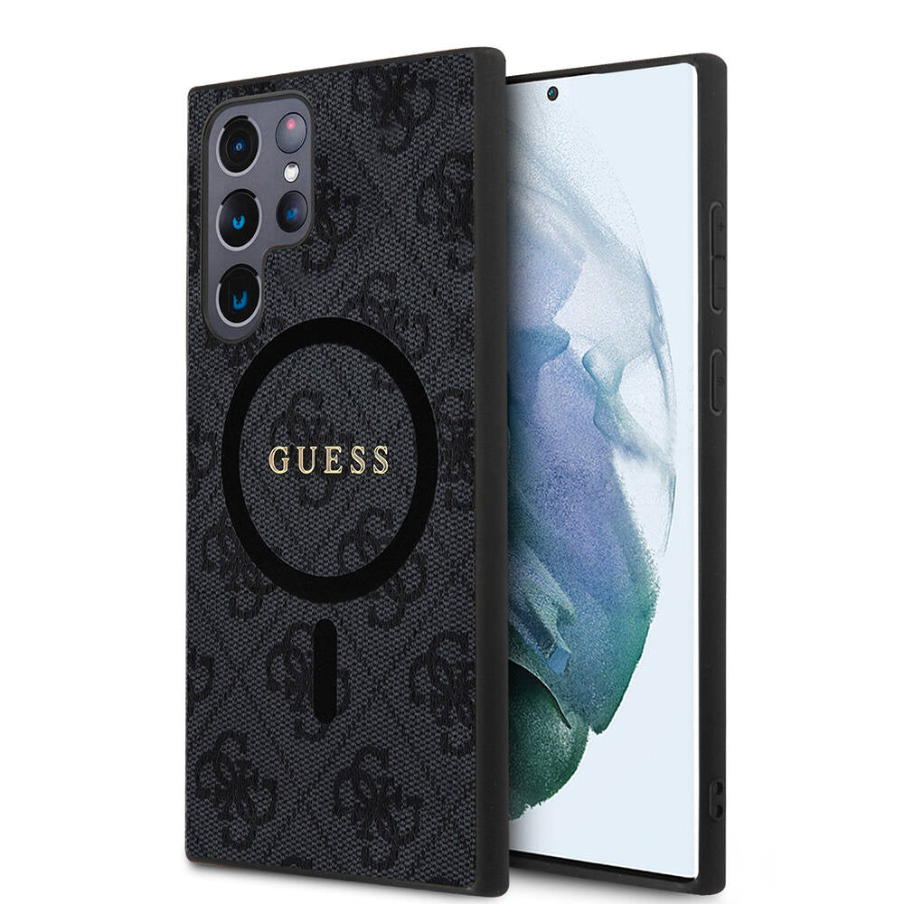 Guess Galaxy S24 Ultra Orjinal Lisanslı M-safe Şarj Özellikli PU Halkalı 4G Desenli Yazı Logolu Kılıf