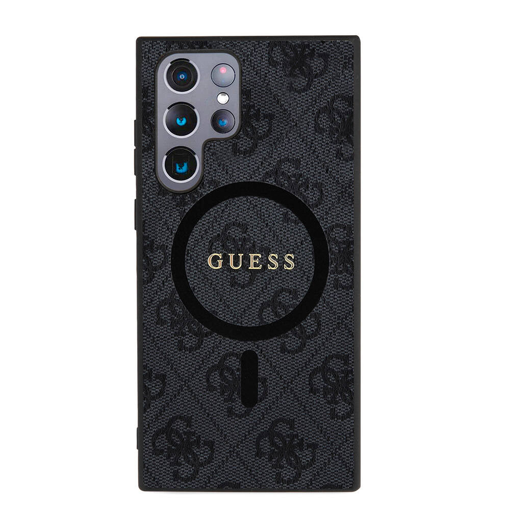 Guess Galaxy S24 Ultra Orjinal Lisanslı M-safe Şarj Özellikli PU Halkalı 4G Desenli Yazı Logolu Kılıf