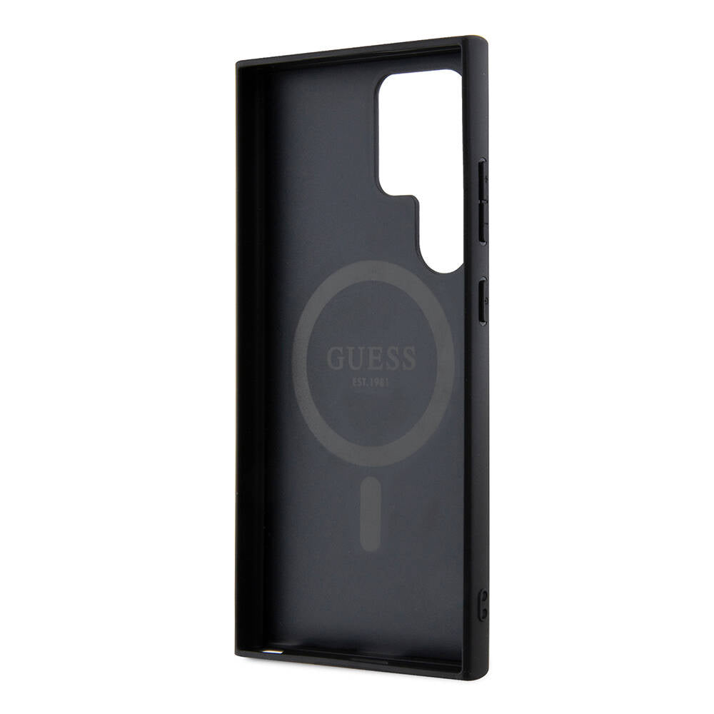 Guess Galaxy S24 Ultra Orjinal Lisanslı M-safe Şarj Özellikli PU Halkalı 4G Desenli Yazı Logolu Kılıf