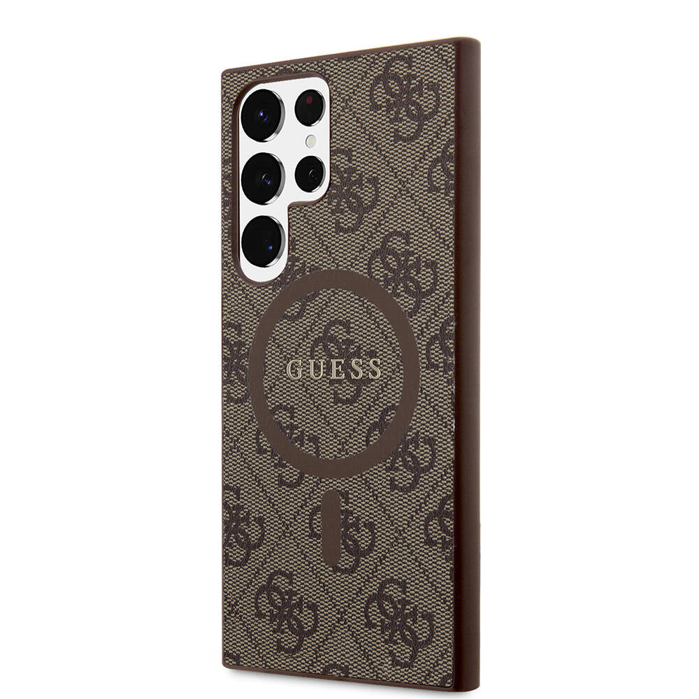 Guess Galaxy S24 Ultra Orjinal Lisanslı M-safe Şarj Özellikli PU Halkalı 4G Desenli Yazı Logolu Kılıf