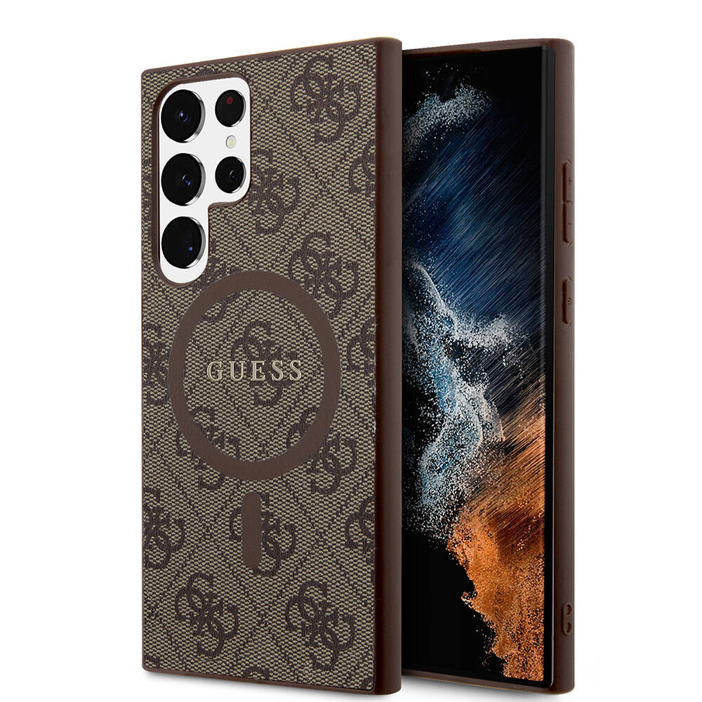 Guess Galaxy S24 Ultra Orjinal Lisanslı M-safe Şarj Özellikli PU Halkalı 4G Desenli Yazı Logolu Kılıf