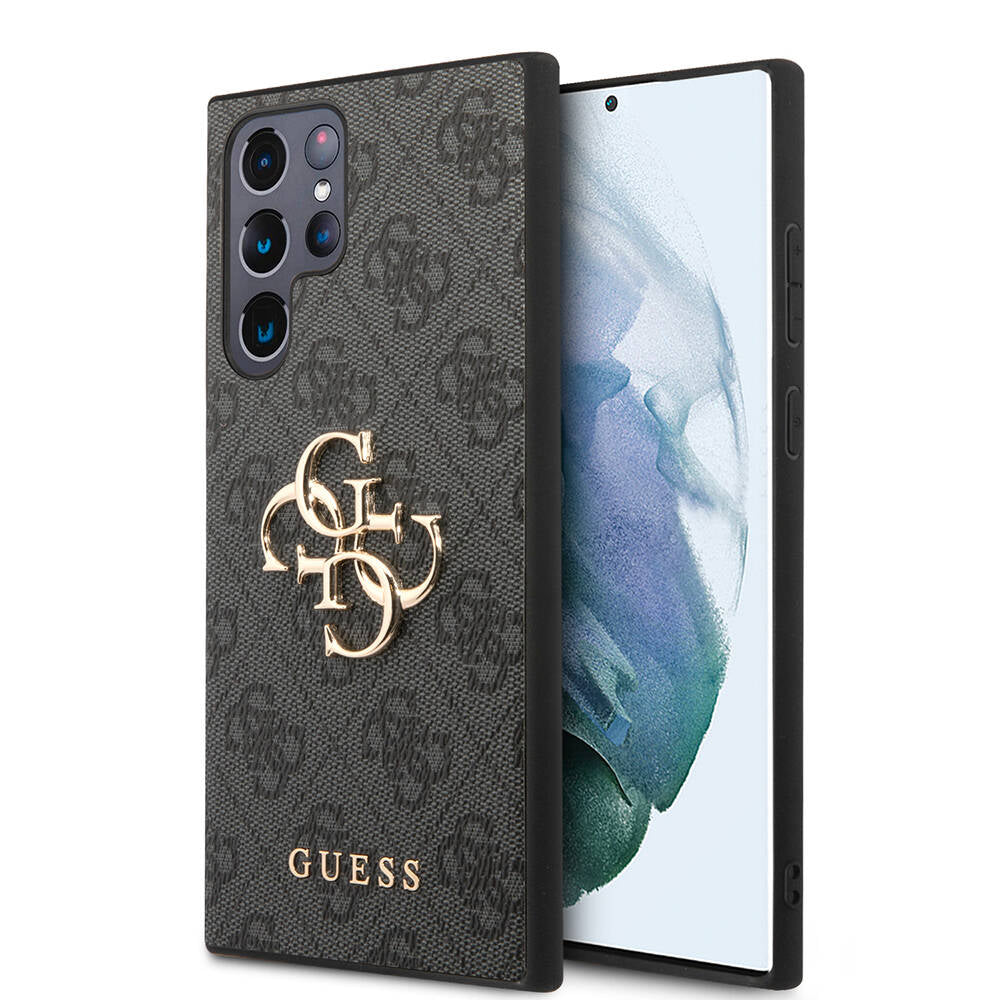 Guess Galaxy S24 Ultra Orjinal Lisanslı PU Deri Yazı ve 4G Metal Logolu Desenli Kılıf