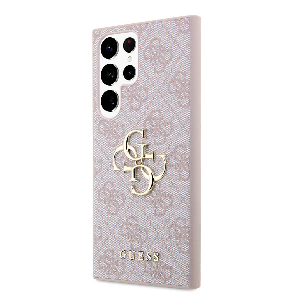 Guess Galaxy S24 Ultra Orjinal Lisanslı PU Deri Yazı ve 4G Metal Logolu Desenli Kılıf