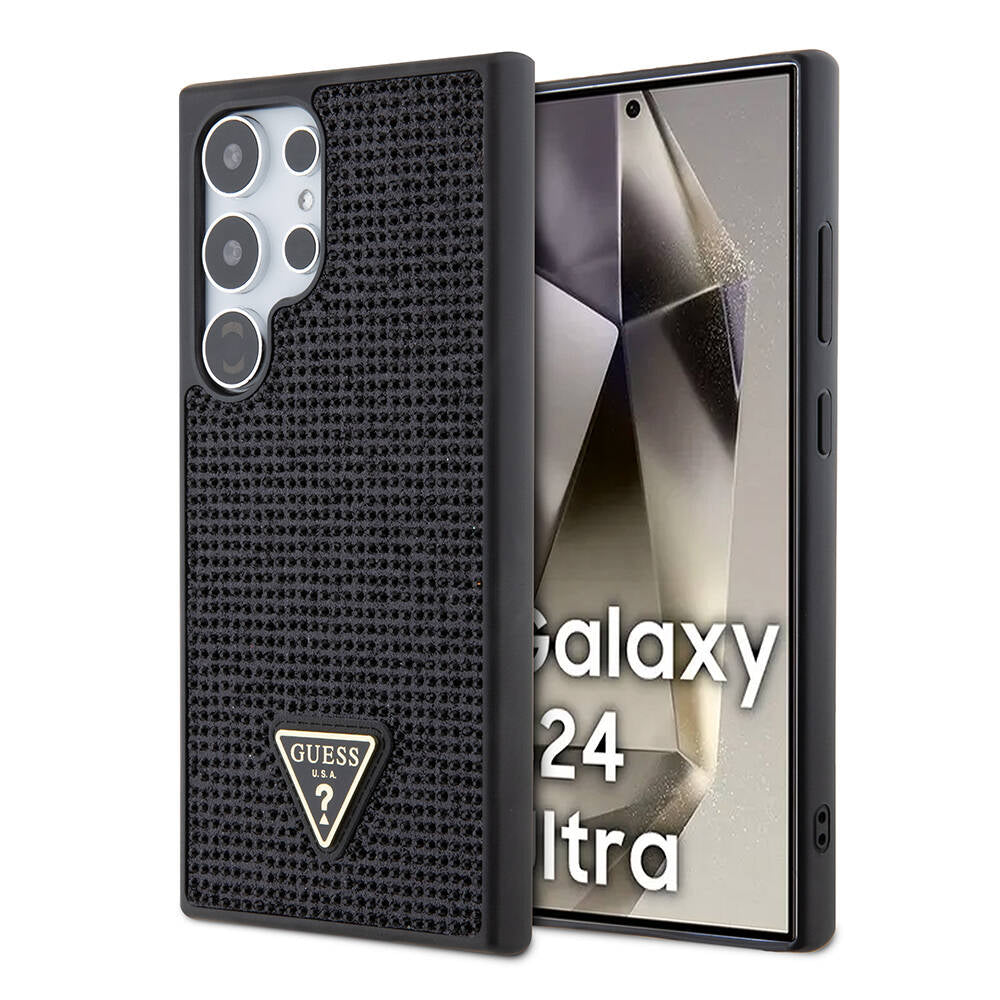 Guess Galaxy S24 Ultra Orjinal Lisanslı Taşlı Arka Yüzey Üçgen Logolu Kılıf