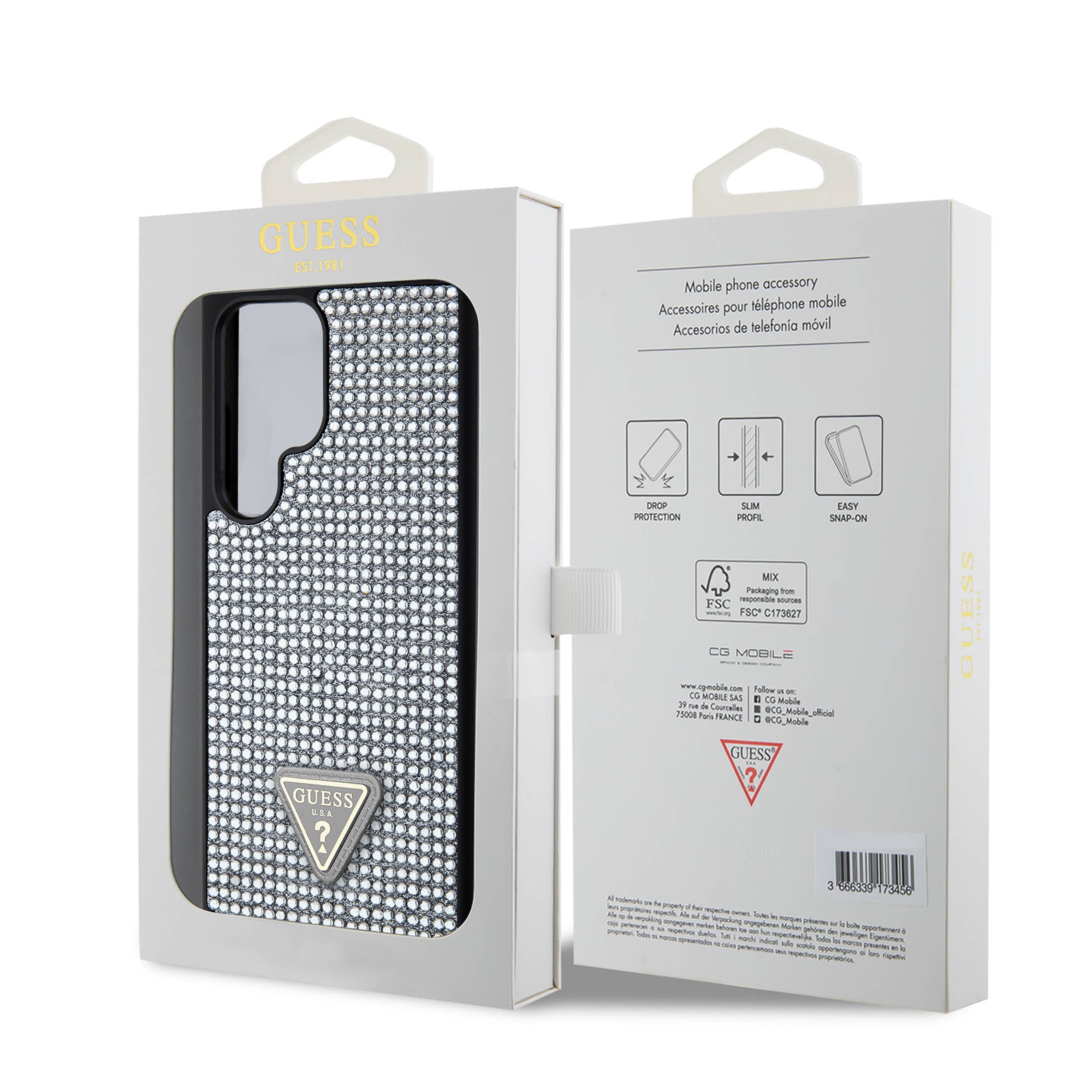 Guess Galaxy S24 Ultra Orjinal Lisanslı Taşlı Arka Yüzey Üçgen Logolu Kılıf