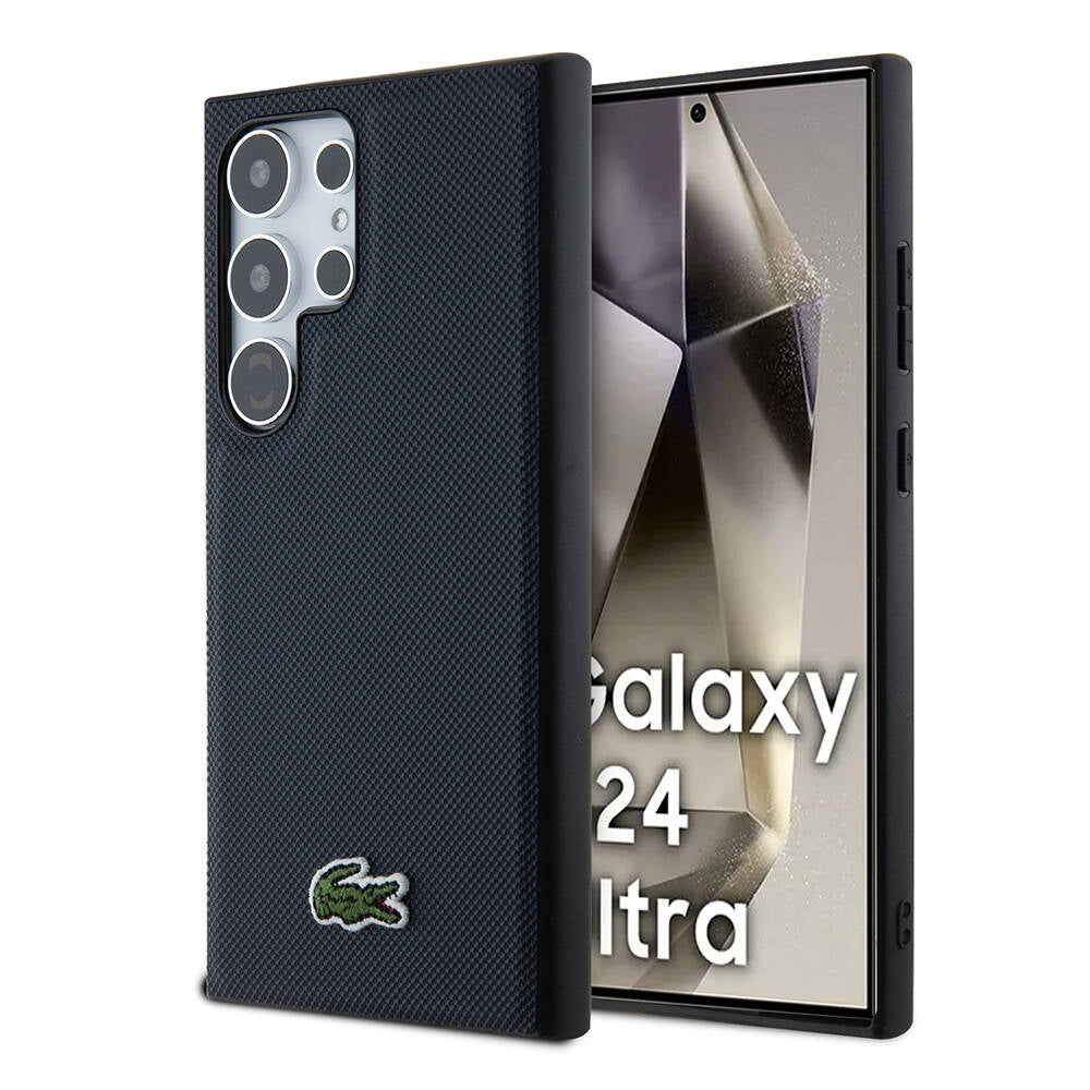 Lacoste Galaxy S24 Ultra Orjinal Lisanslı PU Pike Desenli Arka Yüzey İkonik Timsah Dokuma Logolu Kılıf