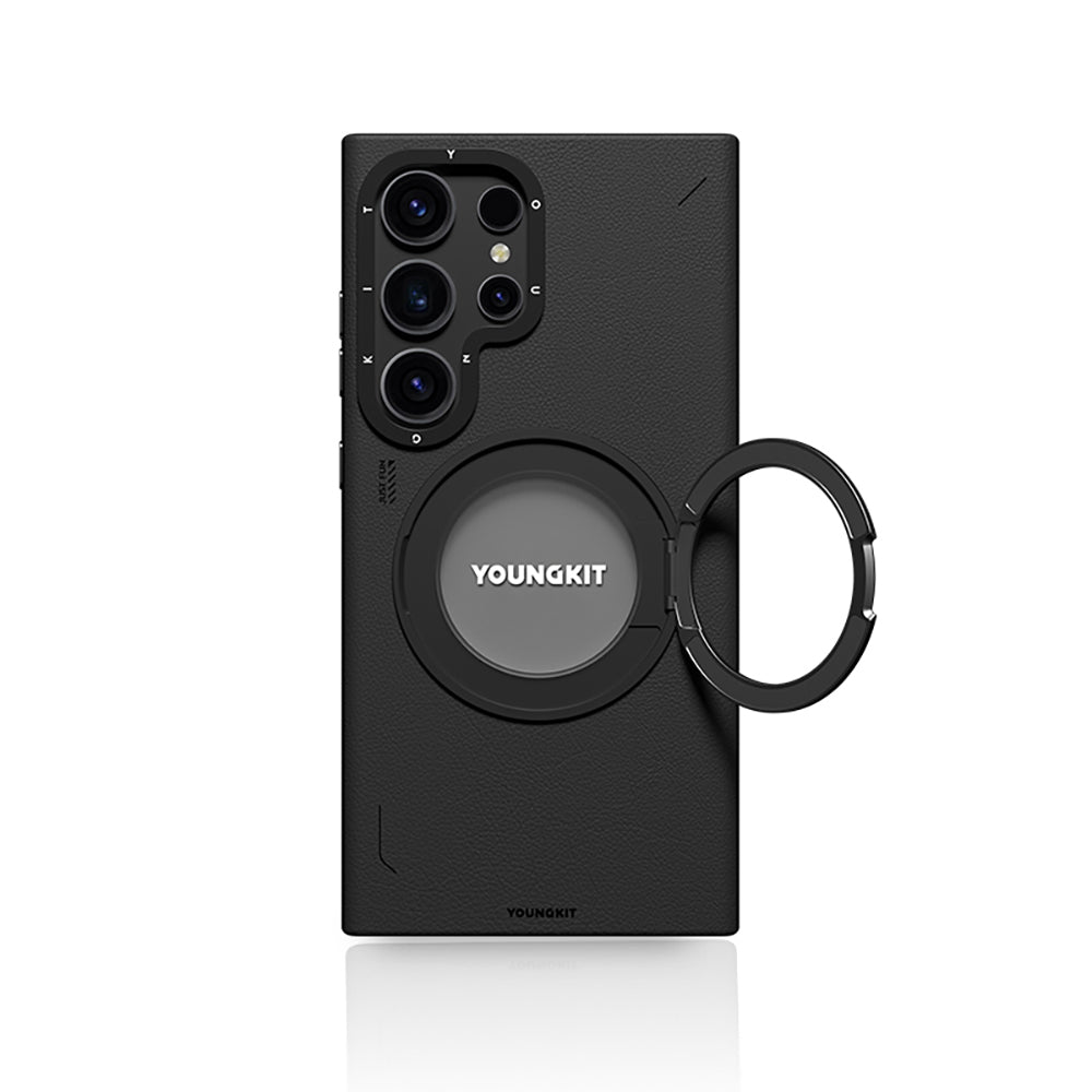 Youngkit Tech Leather Serisi Galaxy S24 Ultra 360° Standlı Basit Mat Deri Desenli M-safe Kılıf