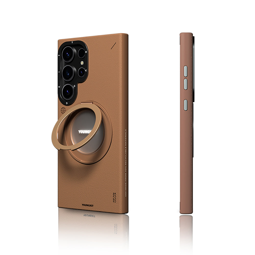 Youngkit Tech Leather Serisi Galaxy S24 Ultra 360° Standlı Basit Mat Deri Desenli M-safe Kılıf