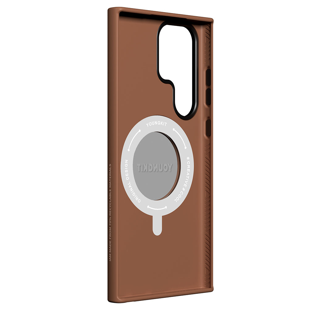 Youngkit Tech Leather Serisi Galaxy S24 Ultra 360° Standlı Basit Mat Deri Desenli M-safe Kılıf