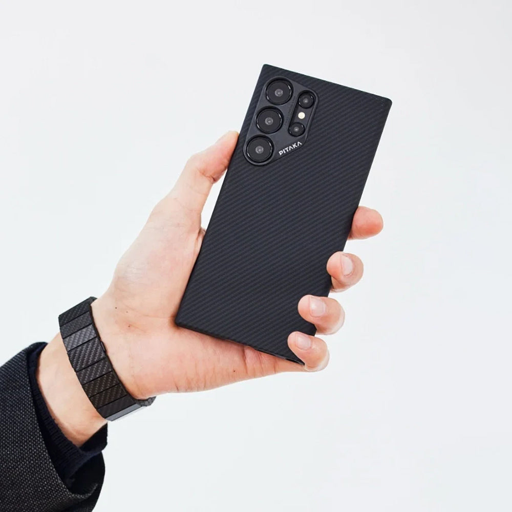 Pitaka Ultra-Slim Classic Serisi Galaxy S24 Ultra M-safe Şarj Özellikli 600D Aramid Fiber Black-Grey Twill Kılıf
