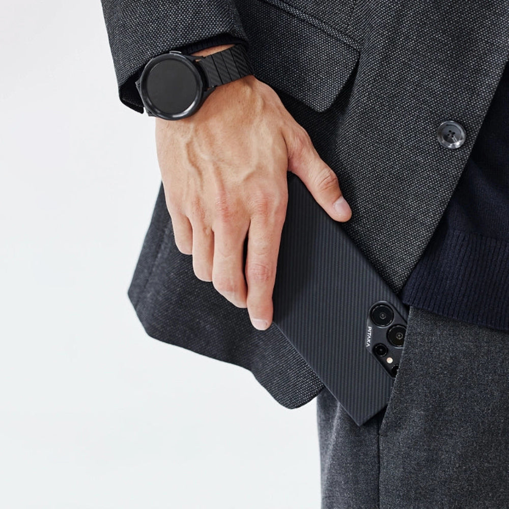 Pitaka Ultra-Slim Classic Serisi Galaxy S24 Ultra M-safe Şarj Özellikli 600D Aramid Fiber Black-Grey Twill Kılıf